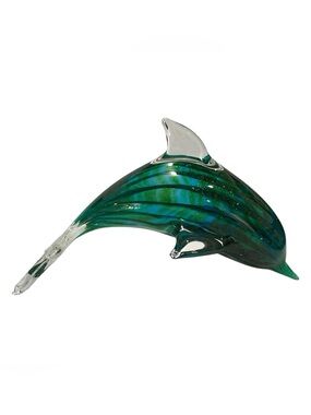 Vintage 2000s Art Glass Dolphin Sculpture Metallic Green, Blue and Turquoise